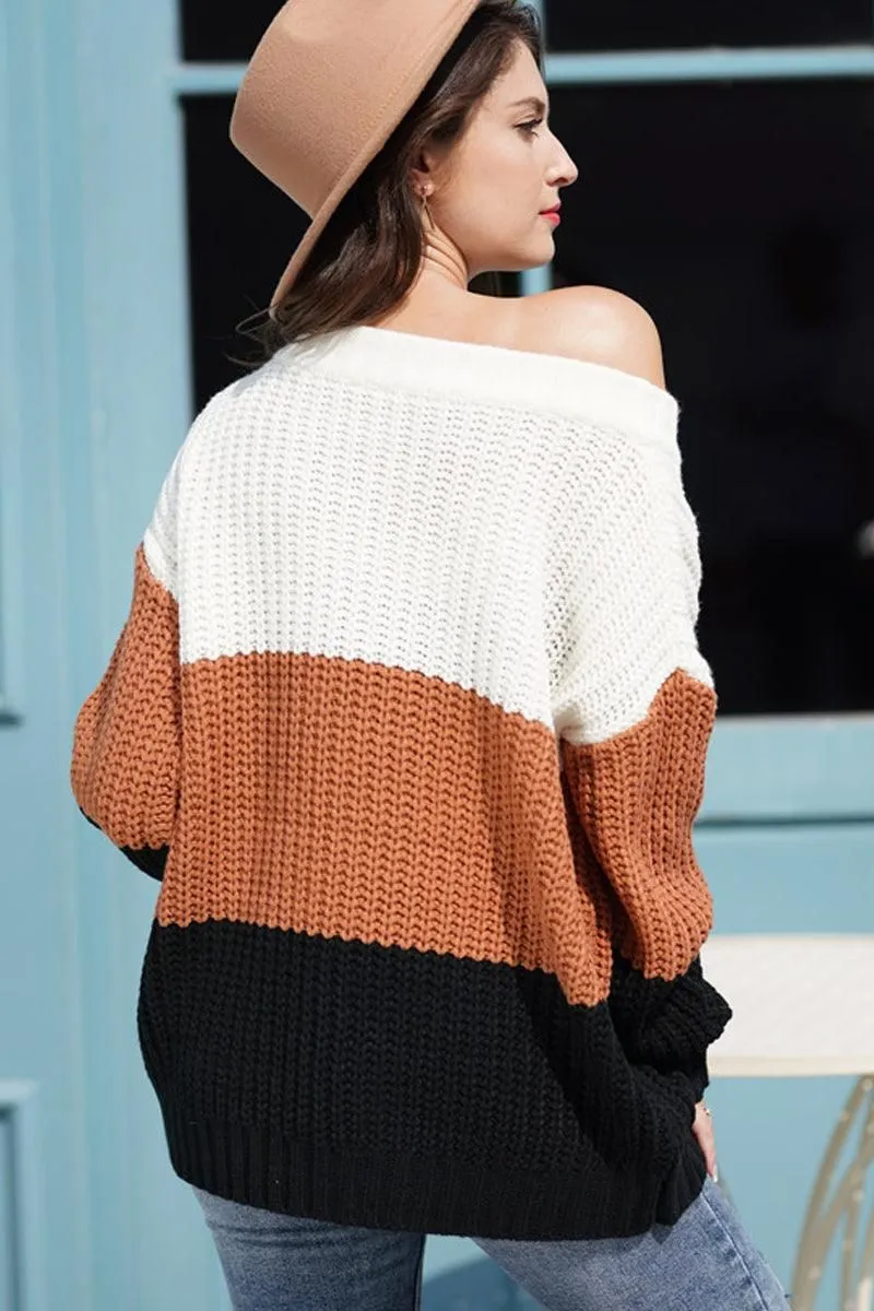 COLOR BLOCK CHUNKY KNIT LOOSE SWEATER