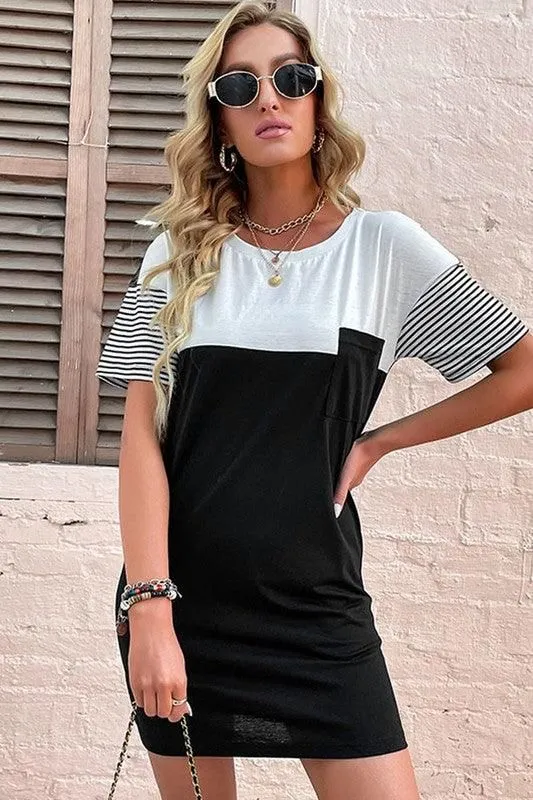 COLOR BLOCKED ROUND NECK BODYCON CASUAL DRESS