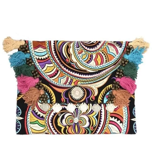 Colorful Embroidered Boho Clutch - Bohemian Black