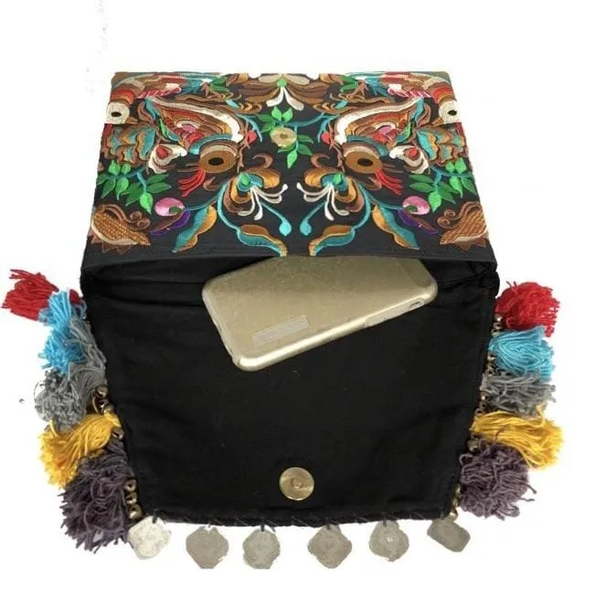 Colorful Embroidered Boho Clutch - Bohemian Black