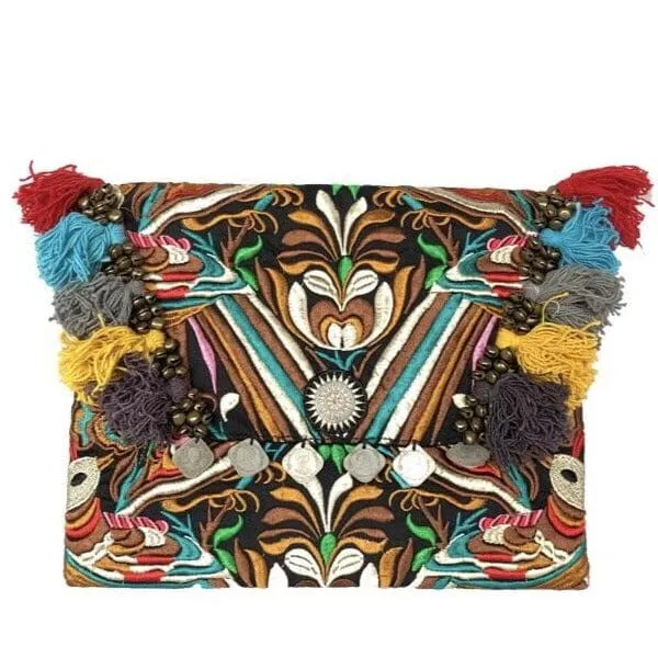 Colorful Embroidered Boho Clutch - Bohemian Black