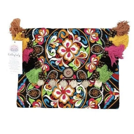 Colorful Embroidered Boho Clutch - Bohemian Black