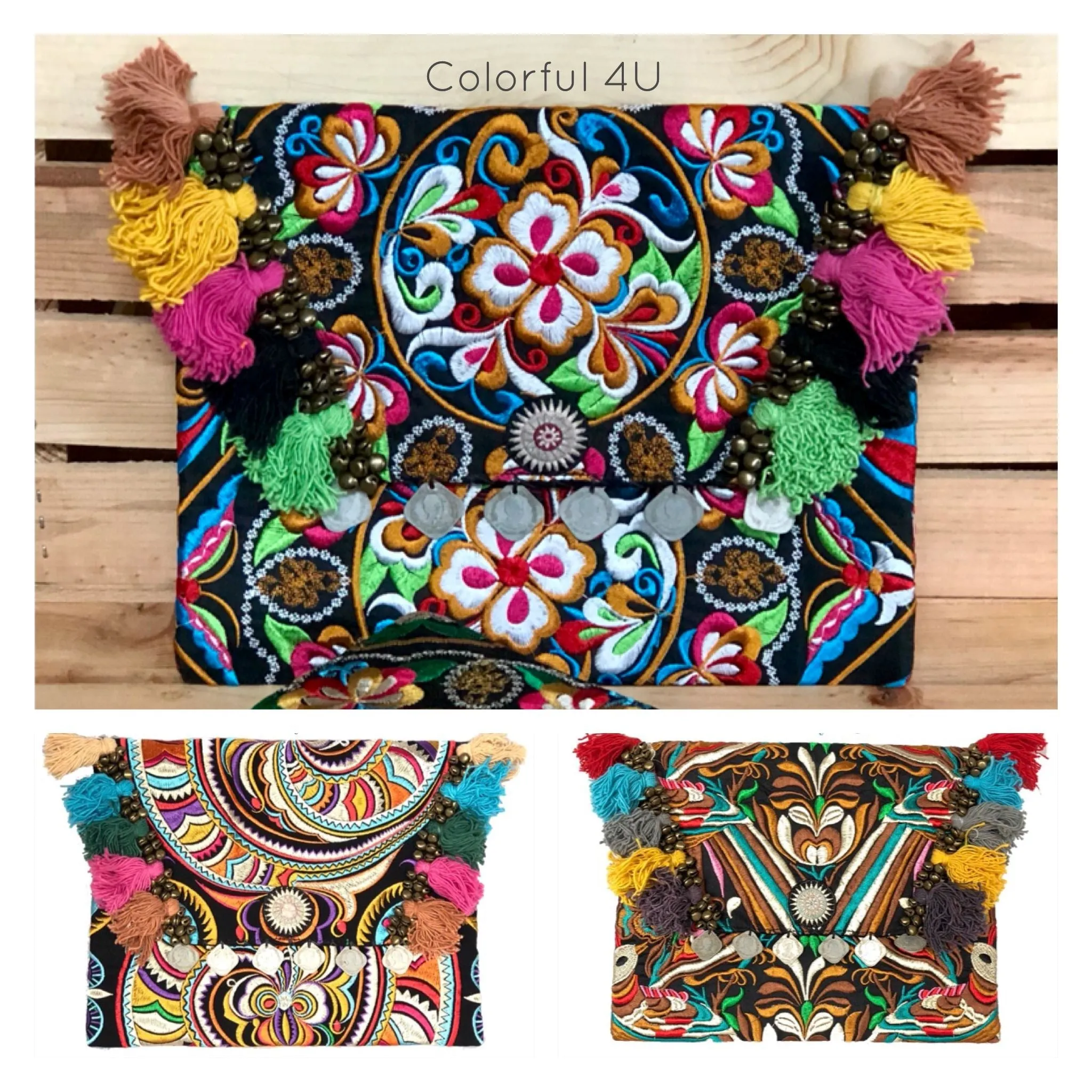 Colorful Embroidered Boho Clutch - Bohemian Black