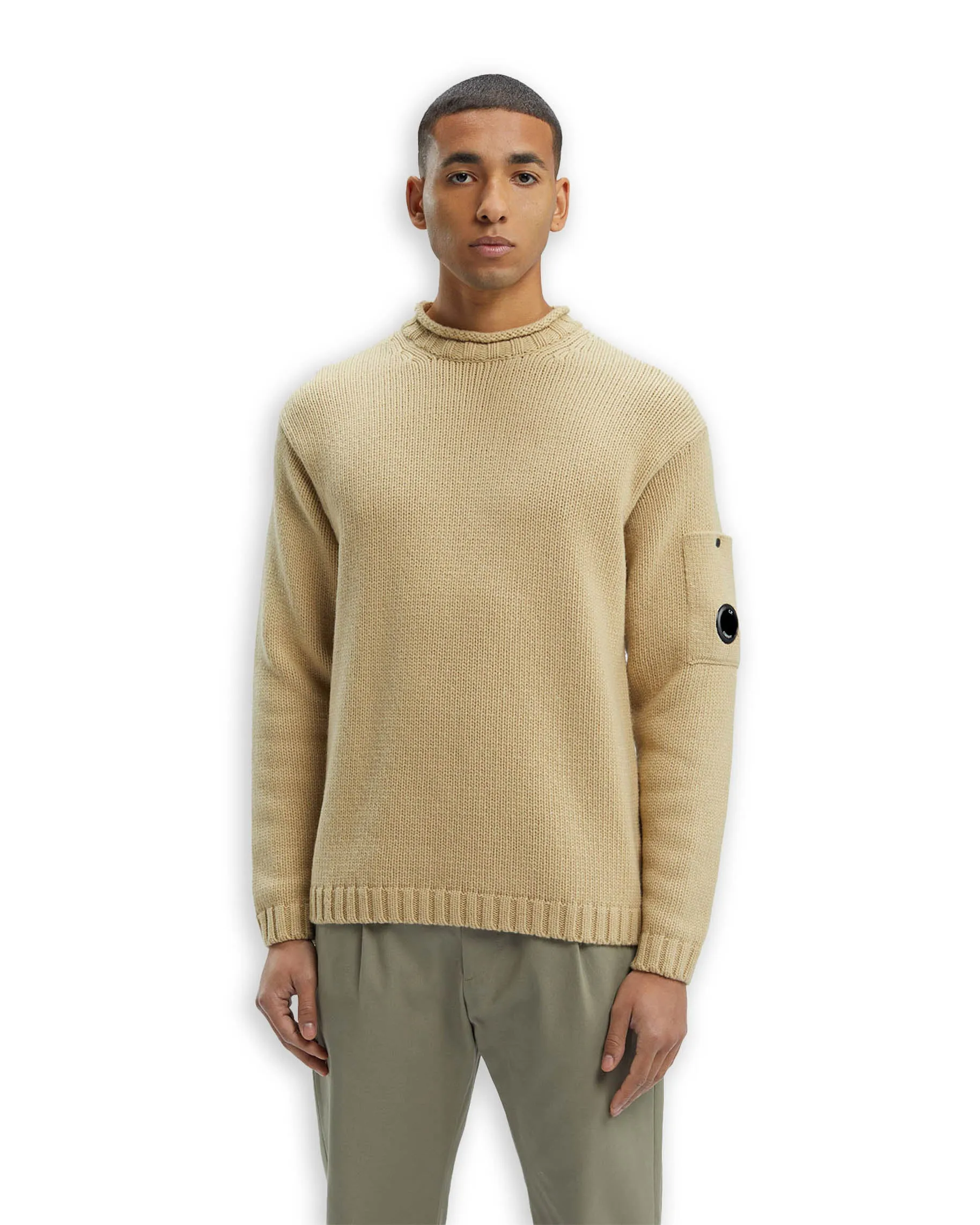 CP Company Lambswool Lens Jumper Shirt Roll Neck Beige Men's Shirt