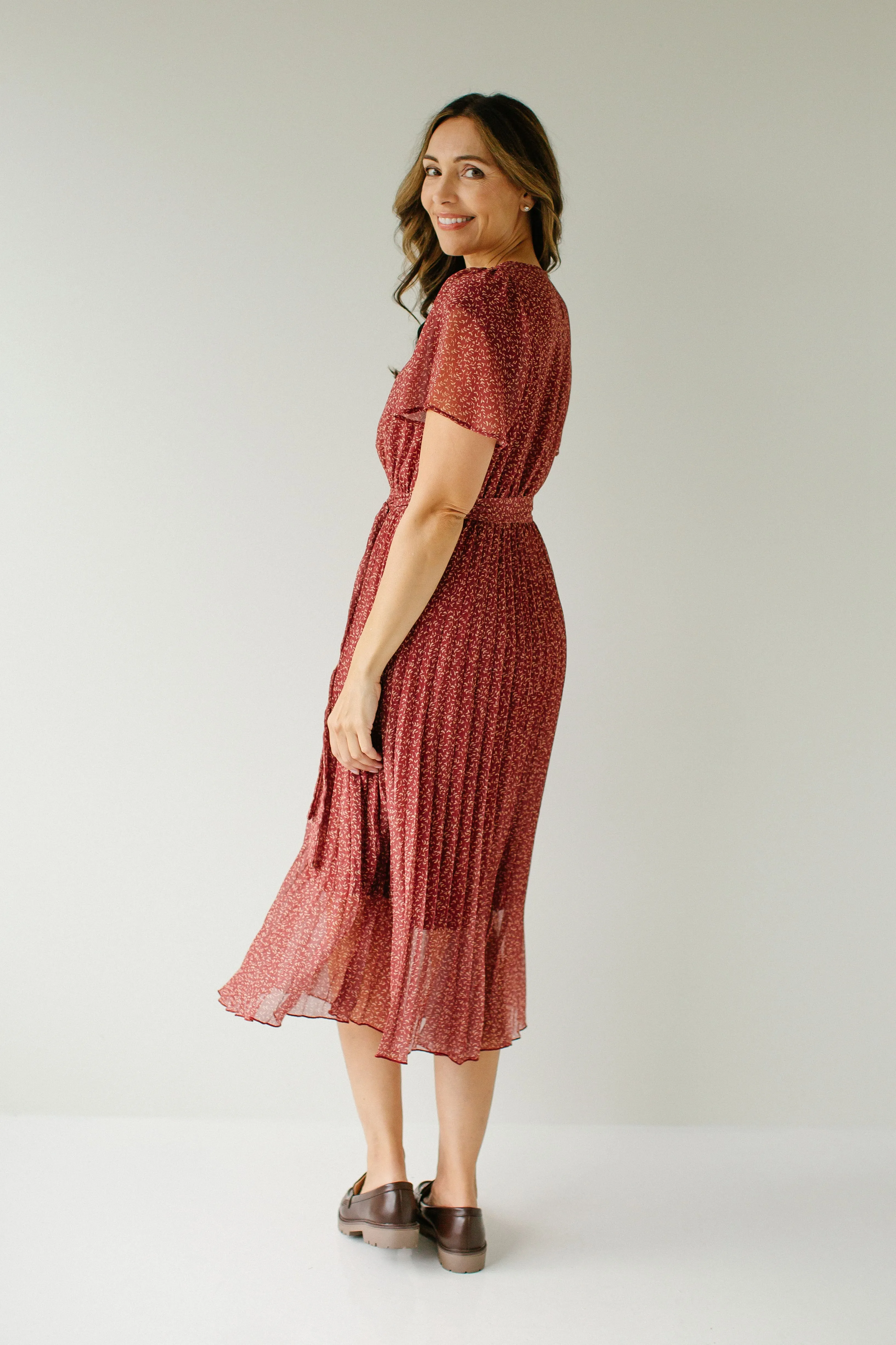 'Ella' Ditsy Print Pleated Midi Dress in Deep Rust