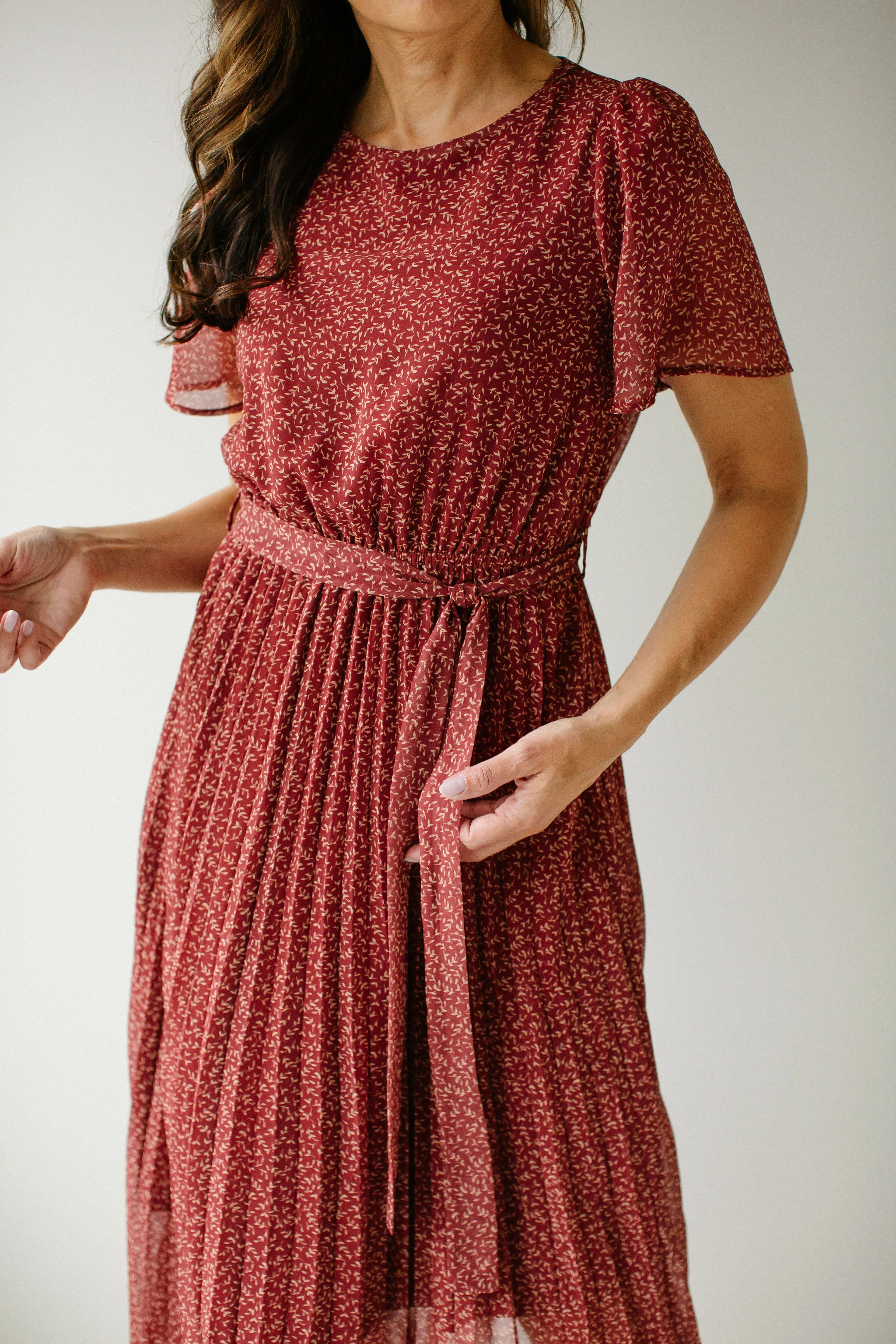 'Ella' Ditsy Print Pleated Midi Dress in Deep Rust