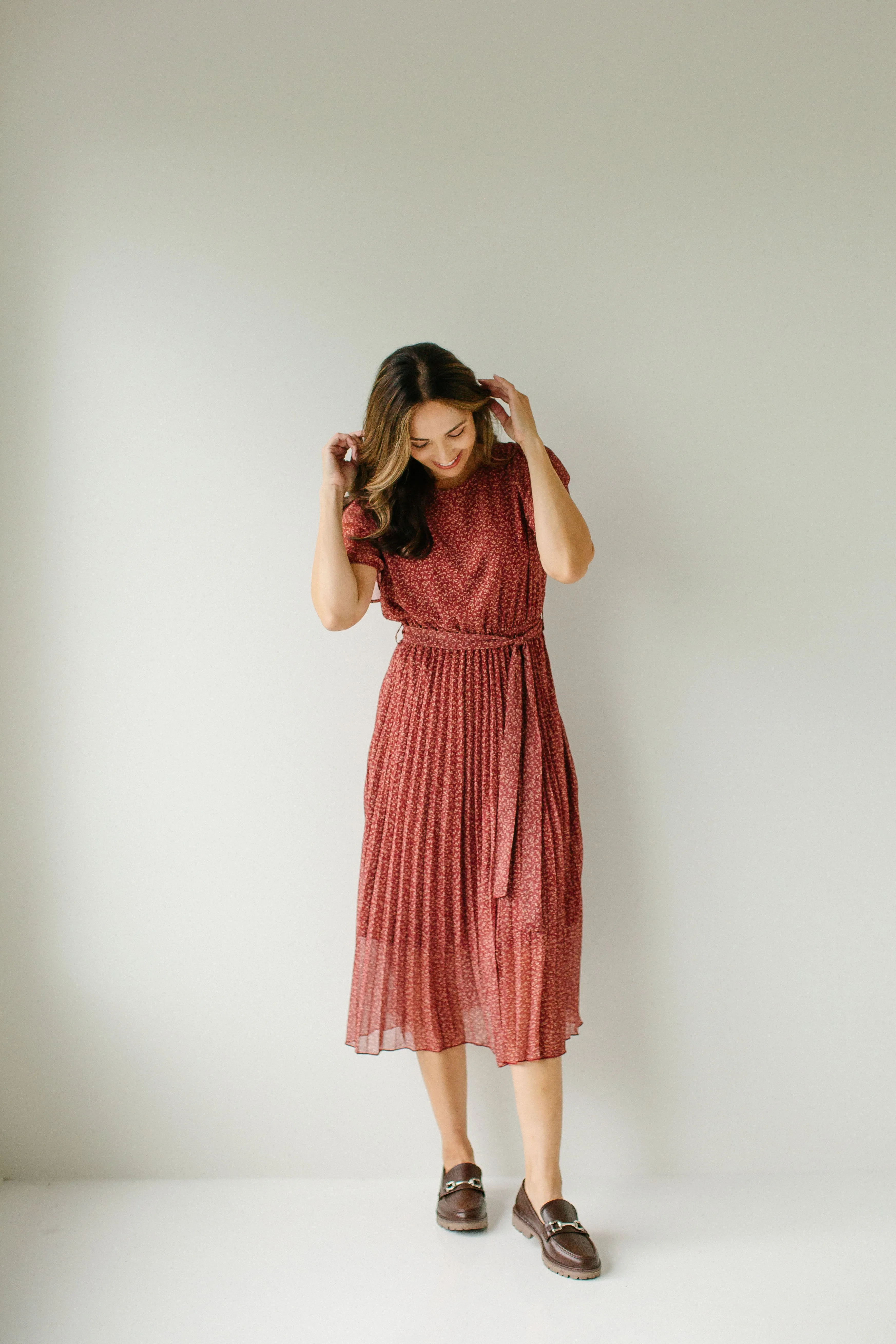 'Ella' Ditsy Print Pleated Midi Dress in Deep Rust