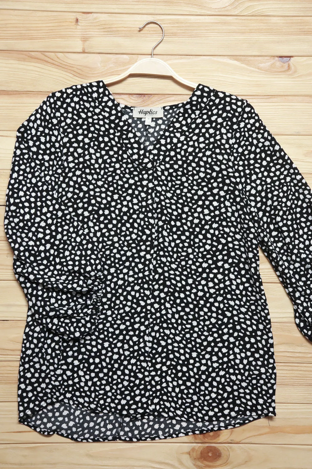 Explore More Collection - Black Abstract Dot V Neck Woven Top