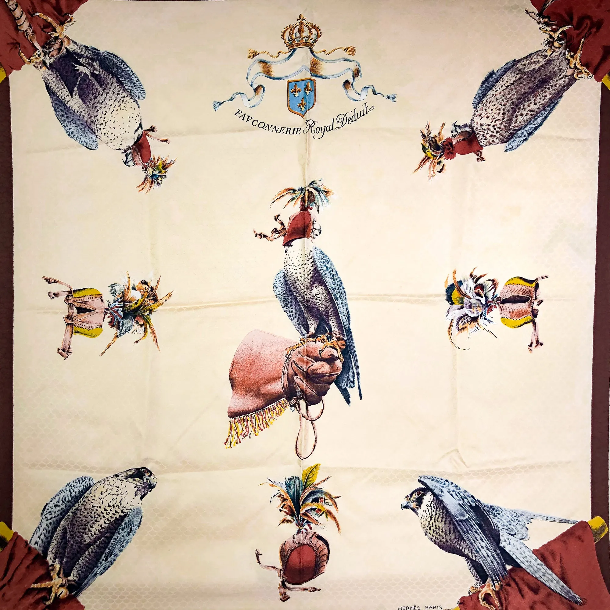 Fauconnerie Royal Deduit Hermes Scarf by Henri de Linares Silk Jacquard Vintage Very RARE