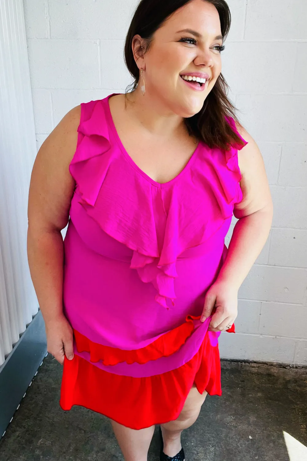 Fuchsia Ruffle V Neck Crepe Tiered Midi Dress