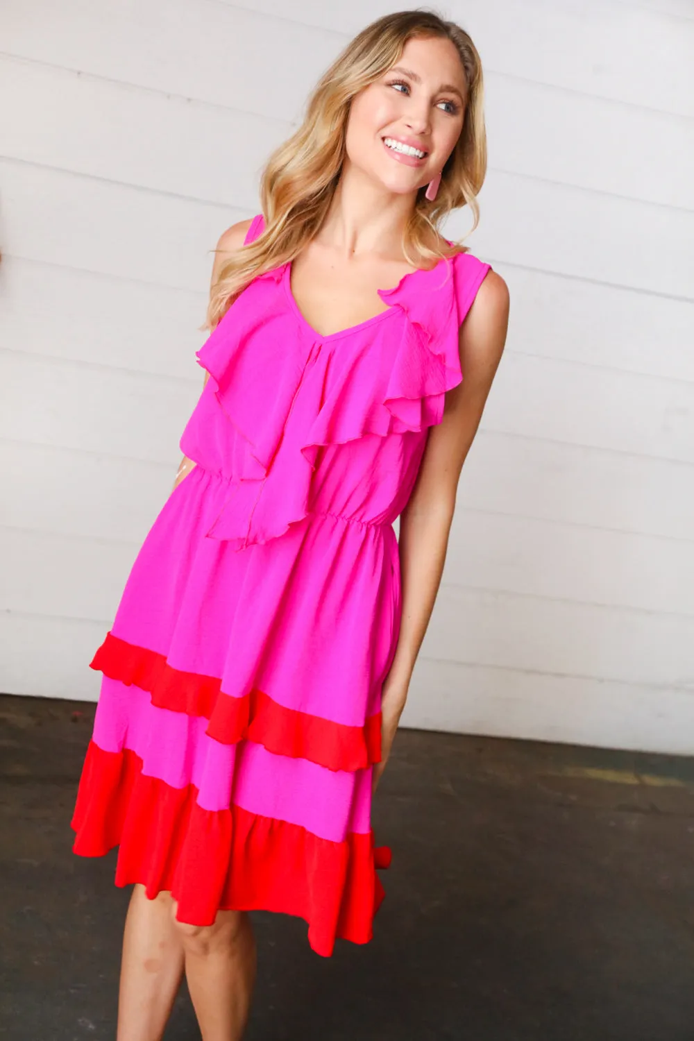 Fuchsia Ruffle V Neck Crepe Tiered Midi Dress