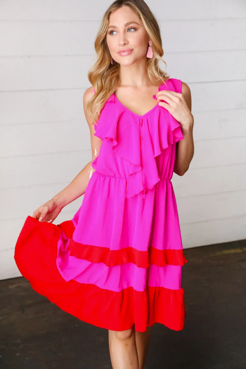 Fuchsia Ruffle V Neck Crepe Tiered Midi Dress