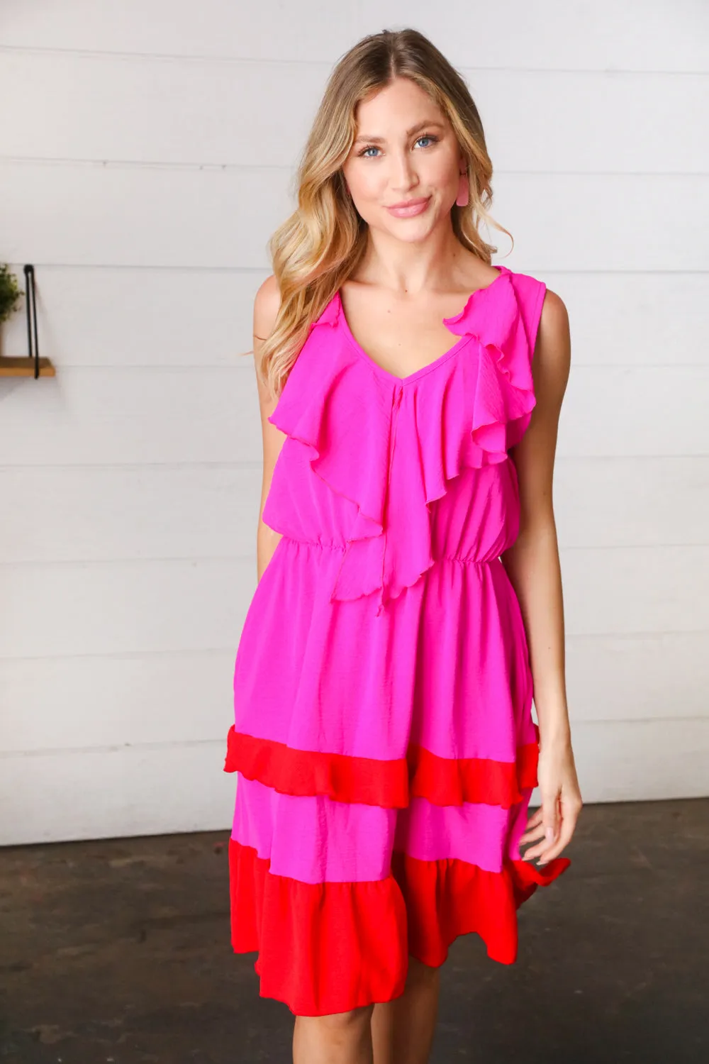 Fuchsia Ruffle V Neck Crepe Tiered Midi Dress