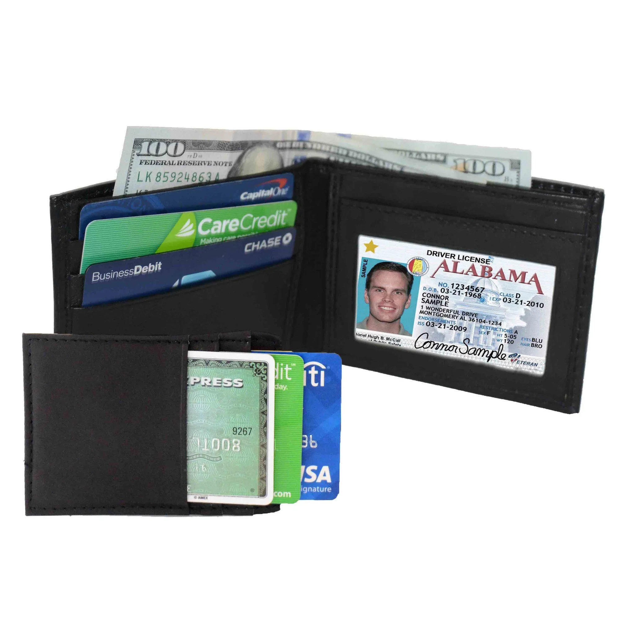 Genuine Leather Bi-fold with Removable Compartment - Black