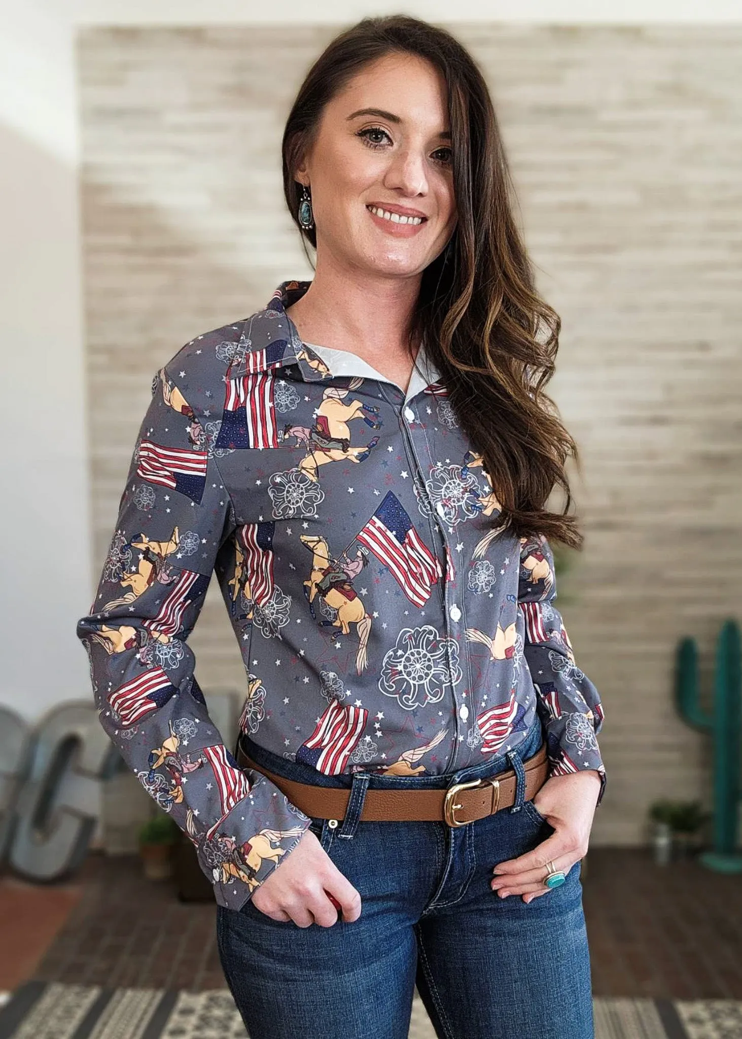 Gray American Flag Palomino Long Sleeve Button Down