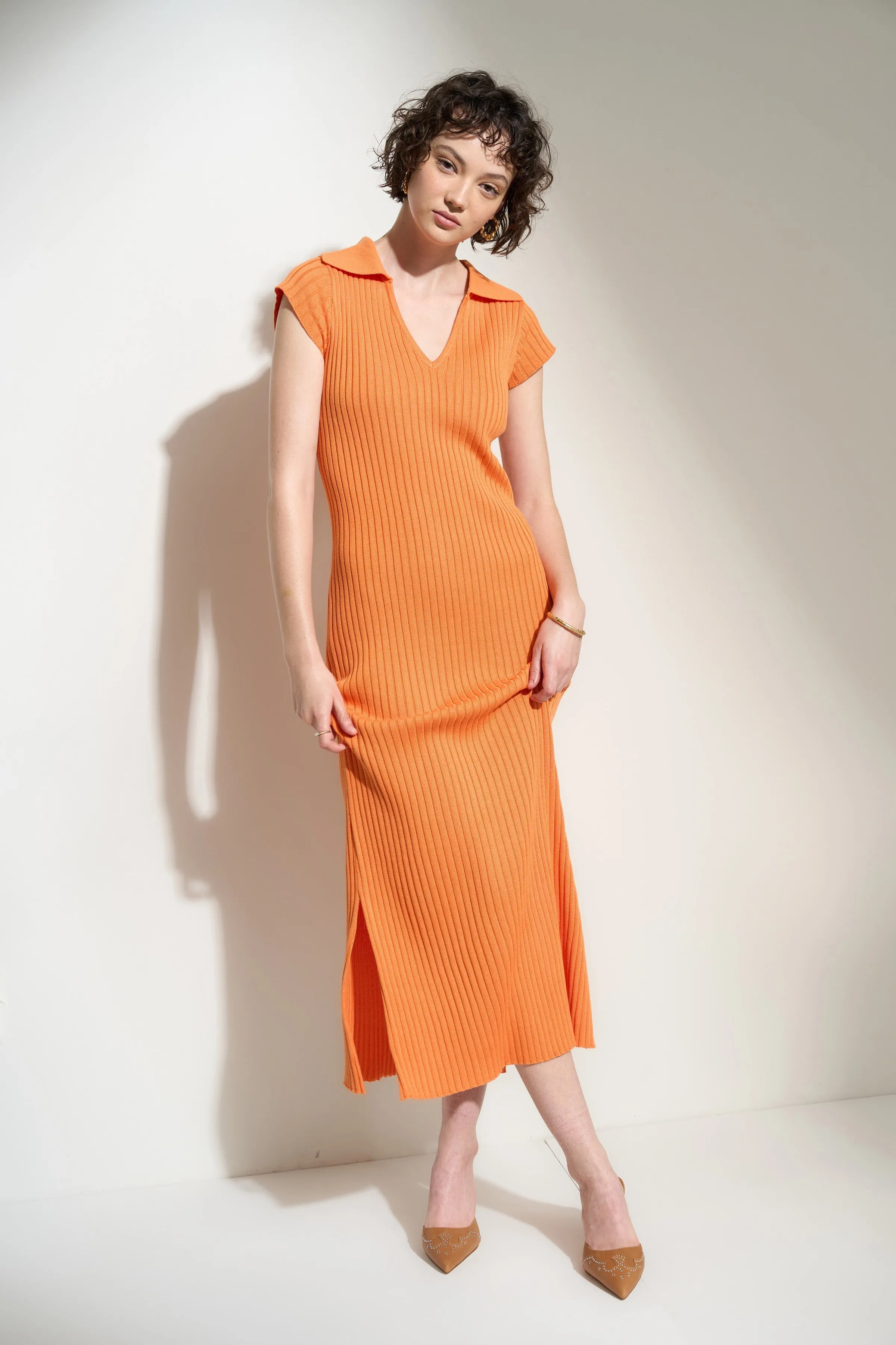 Hallie Ribbed Midi - Tangerine