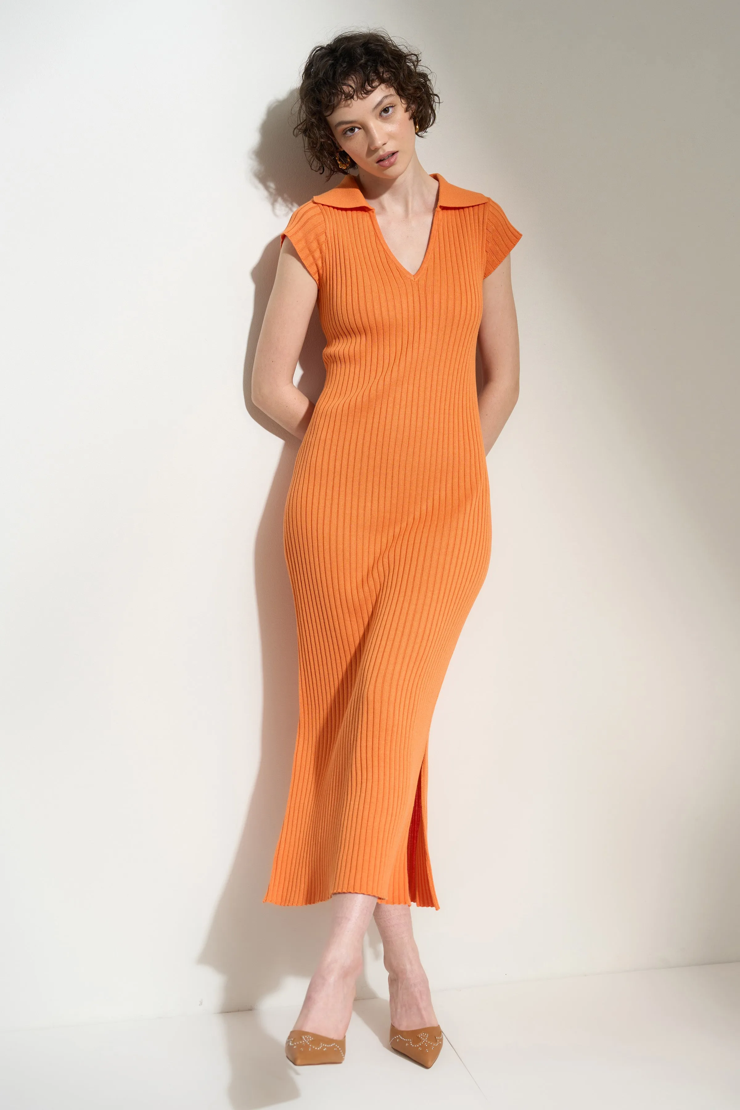 Hallie Ribbed Midi - Tangerine