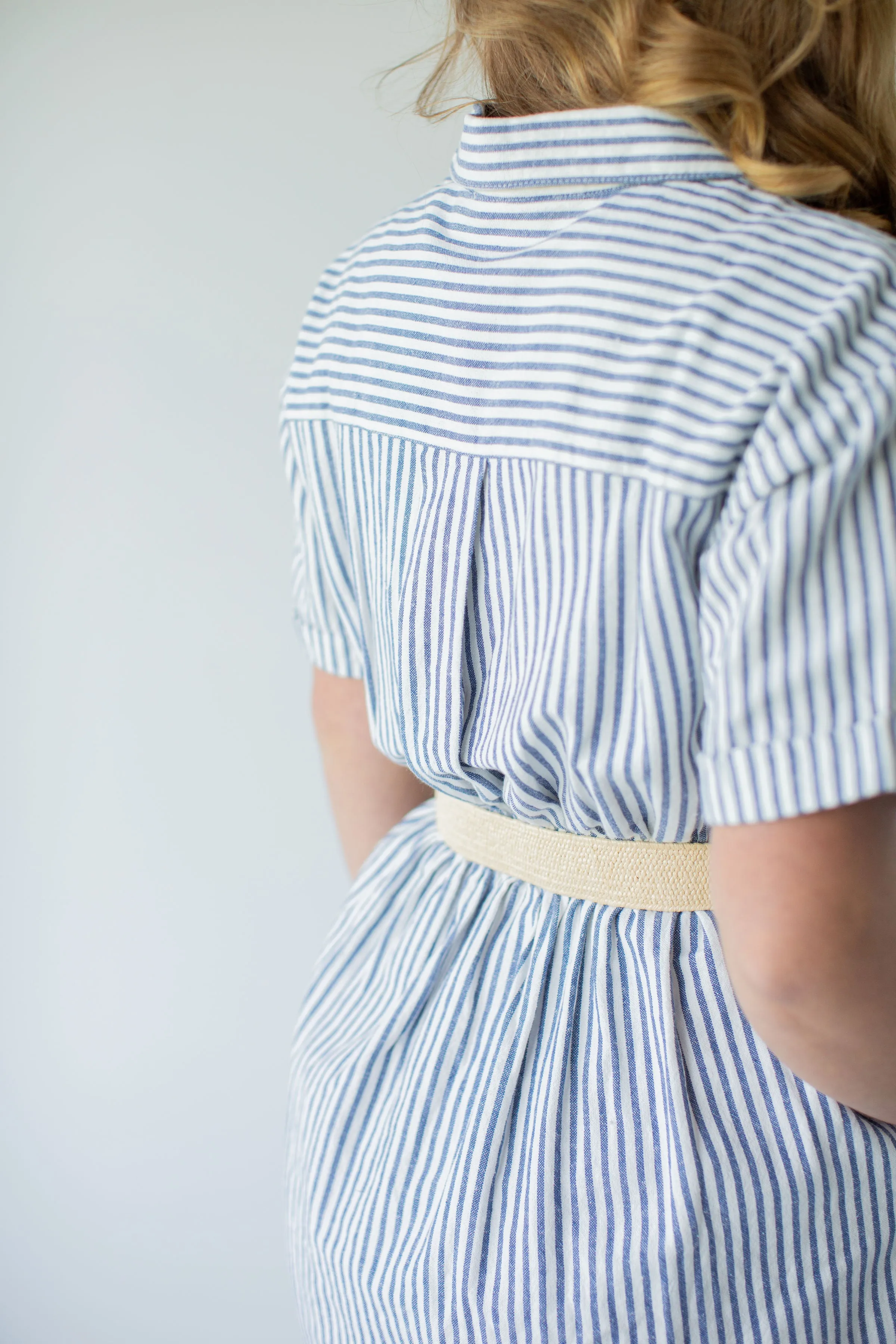 'Hampton' Striped Button Down Cotton Blend Midi Dress in Ivory