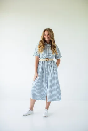 'Hampton' Striped Button Down Cotton Blend Midi Dress in Ivory