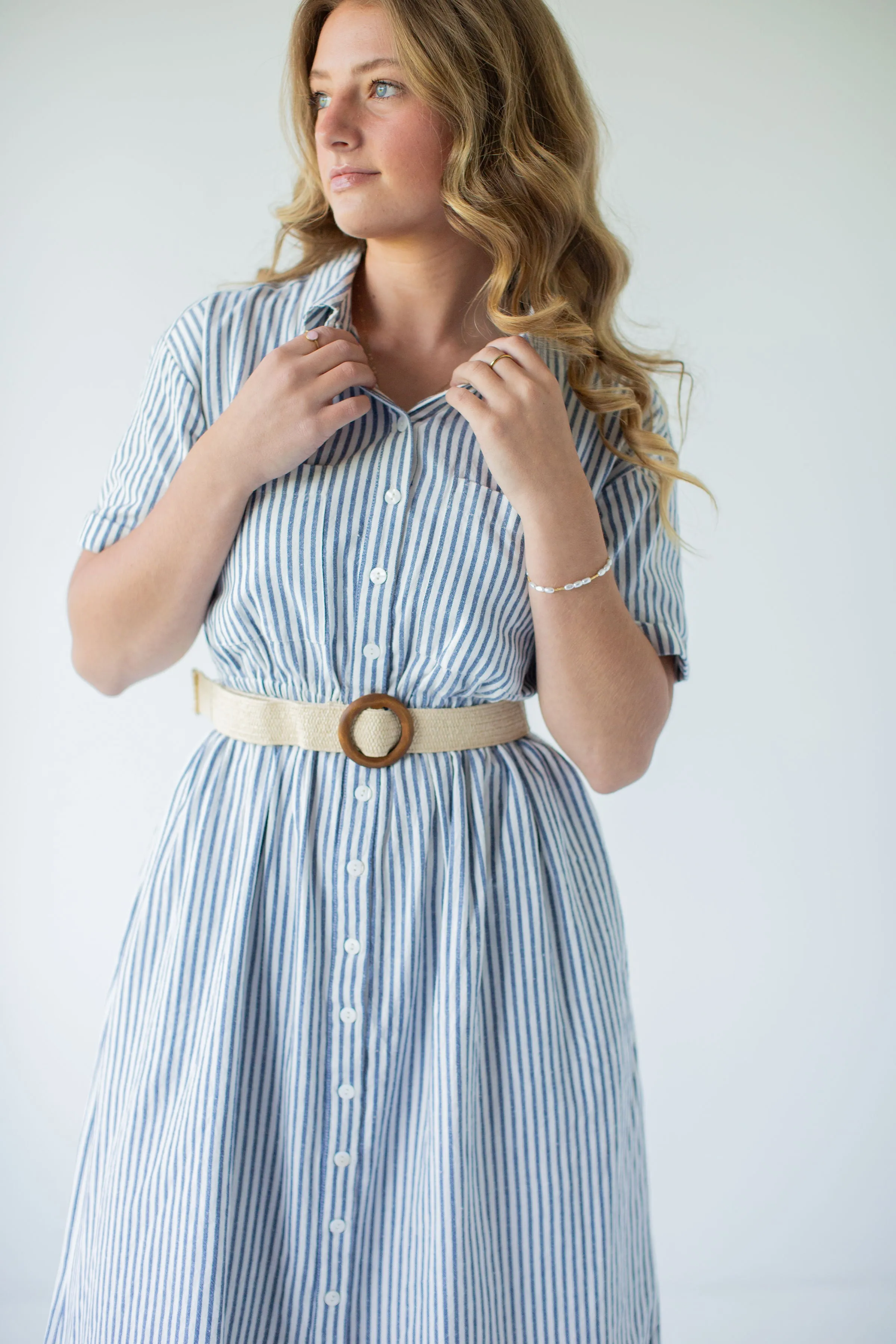 'Hampton' Striped Button Down Cotton Blend Midi Dress in Ivory