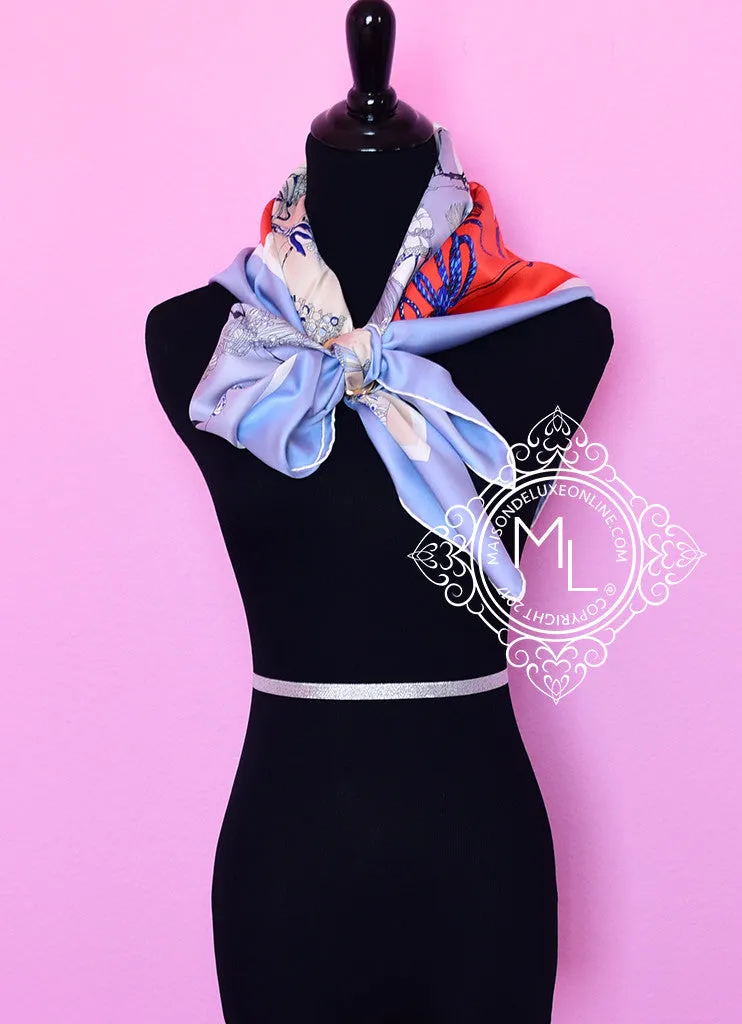 Hermes Blue Creme Twill Silk 90 cm Passementerie Quadri Scarf