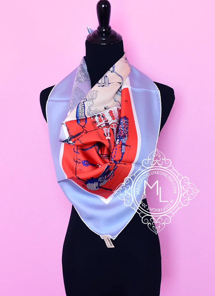 Hermes Blue Creme Twill Silk 90 cm Passementerie Quadri Scarf