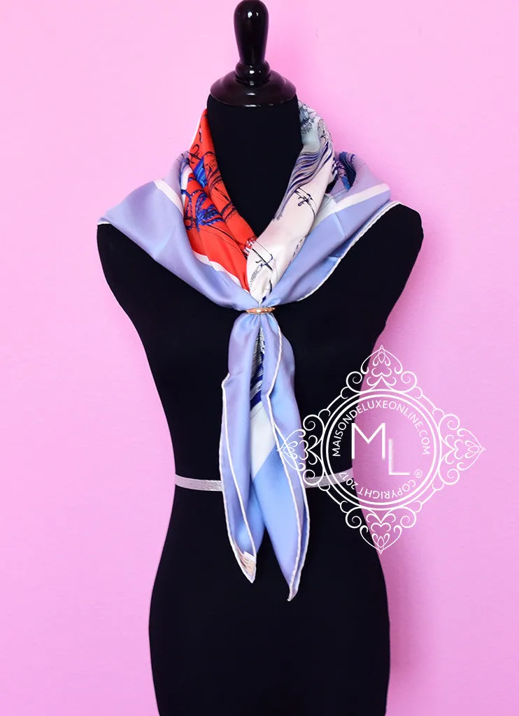 Hermes Blue Creme Twill Silk 90 cm Passementerie Quadri Scarf