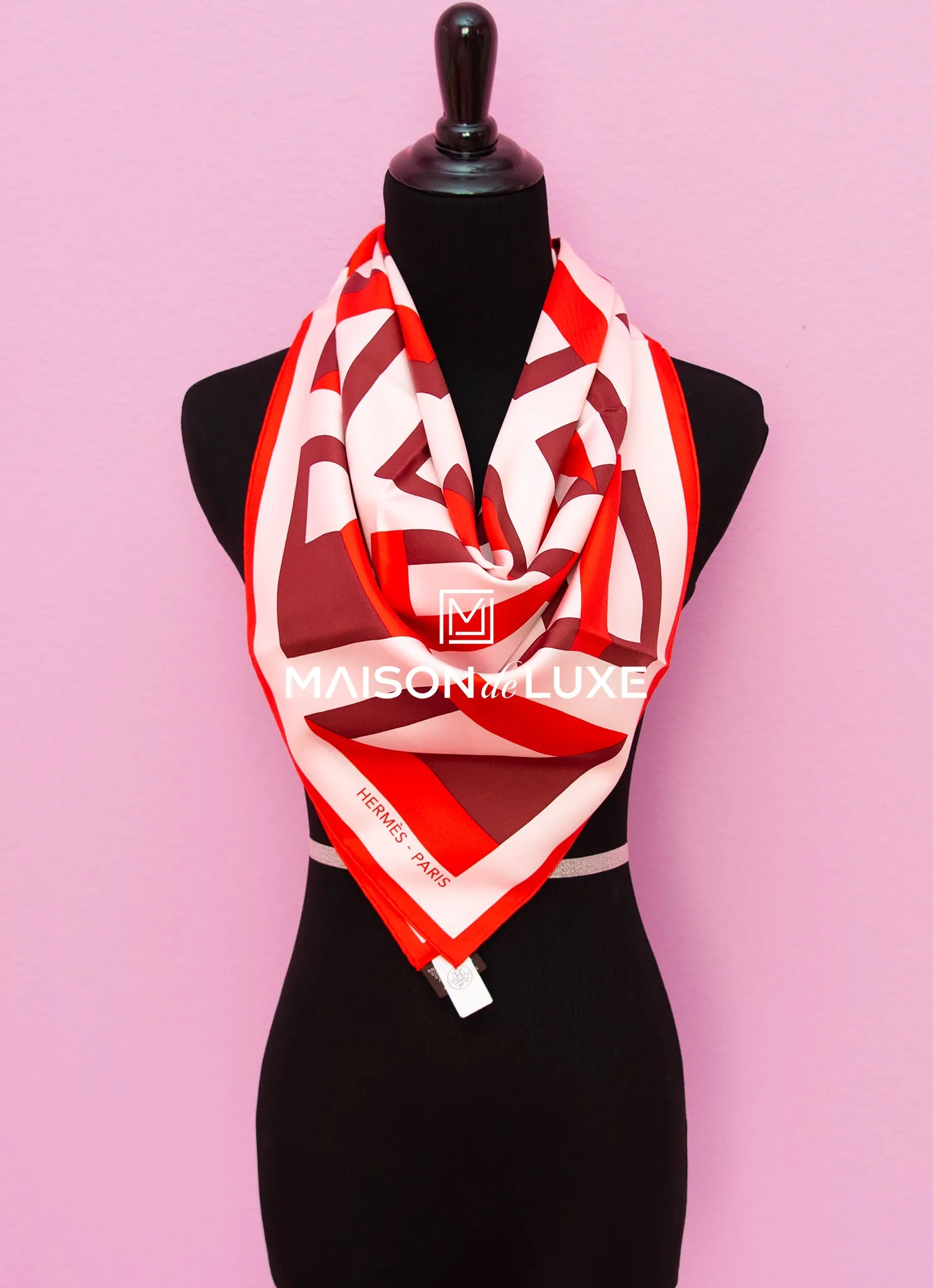 Hermes "Lettres au Carre" Pink Twill Silk 90 cm Scarf