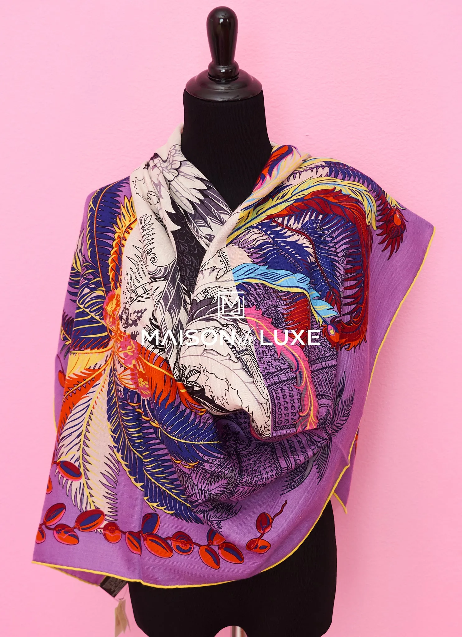 Hermes "Mythiques Phoenix Coloriage" Mauve Cashmere 140 GM Shawl