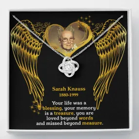 In Loving Memory Of Your Mom Remembrance Love Knot Necklace With RIP Memorable Photo And Date Angel Wing