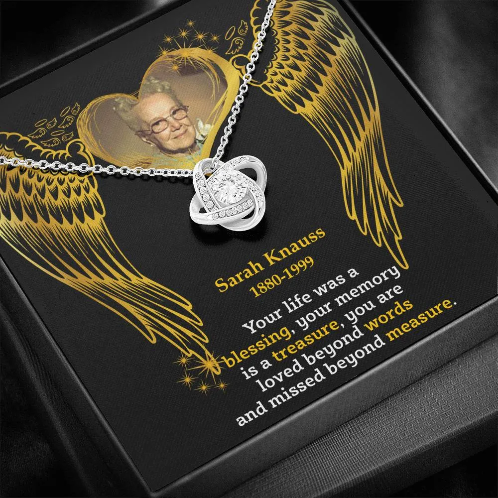 In Loving Memory Of Your Mom Remembrance Love Knot Necklace With RIP Memorable Photo And Date Angel Wing