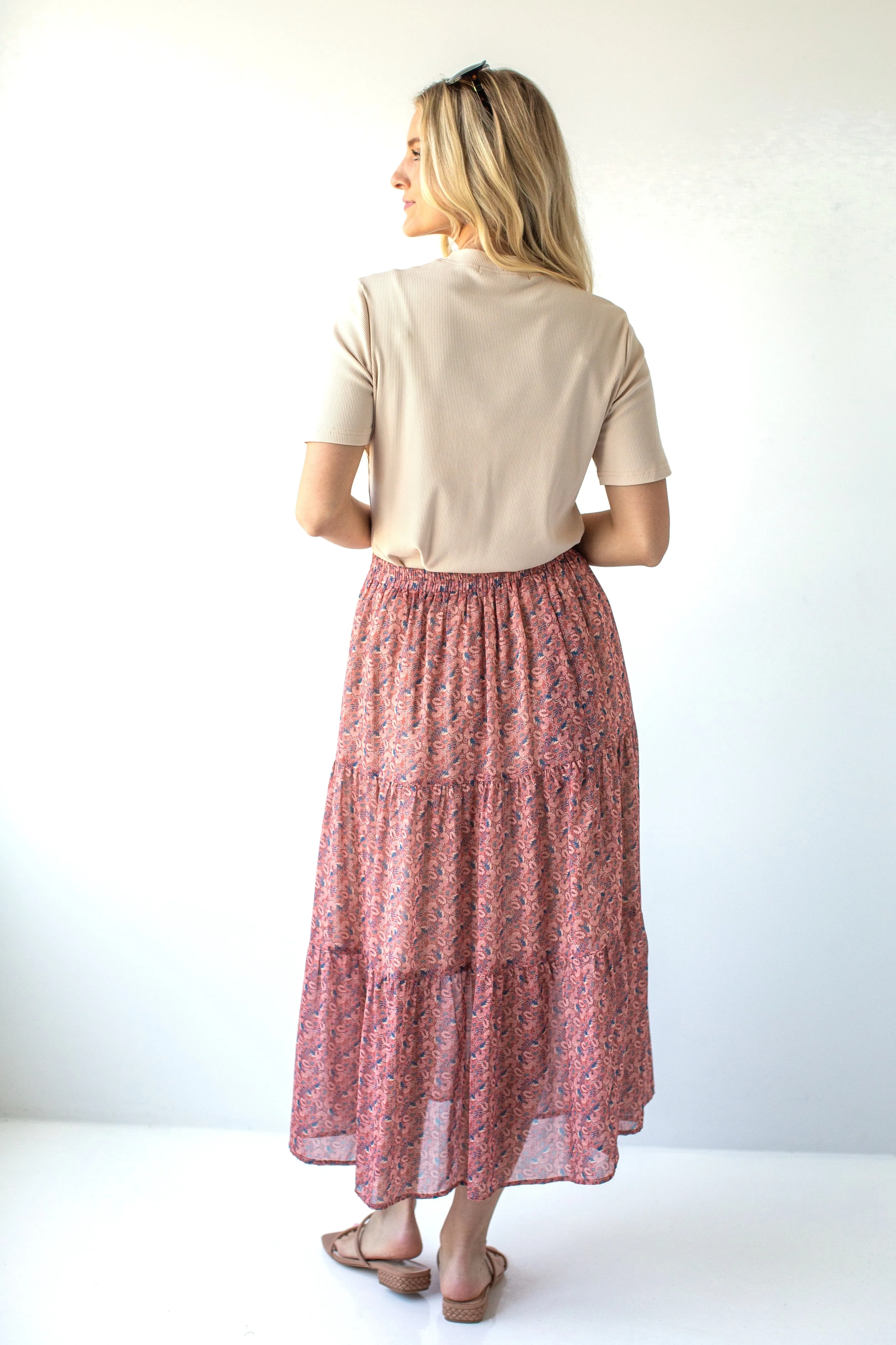 'Jacinta' Printed Chiffon Midi Skirt in Desert Rose