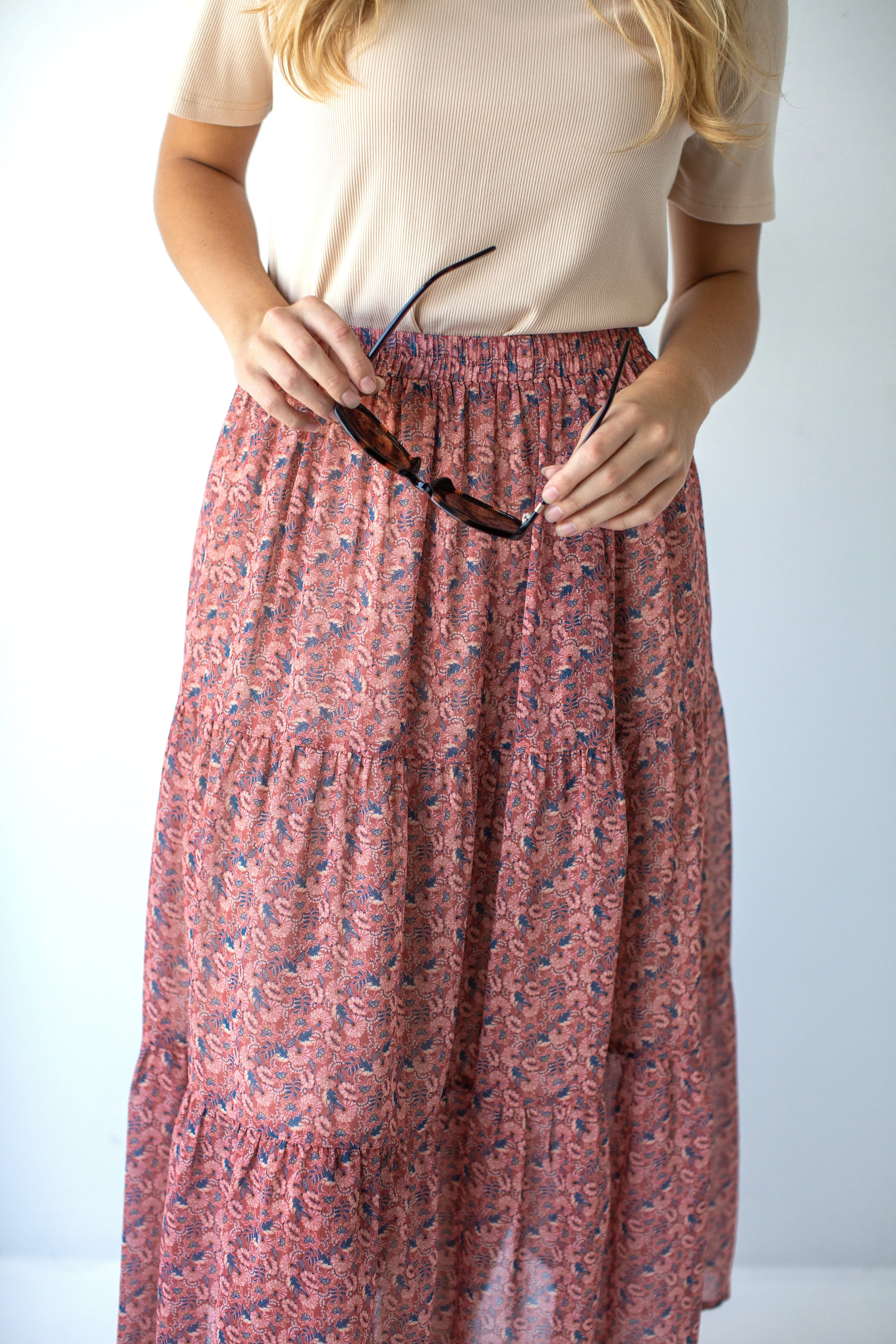 'Jacinta' Printed Chiffon Midi Skirt in Desert Rose