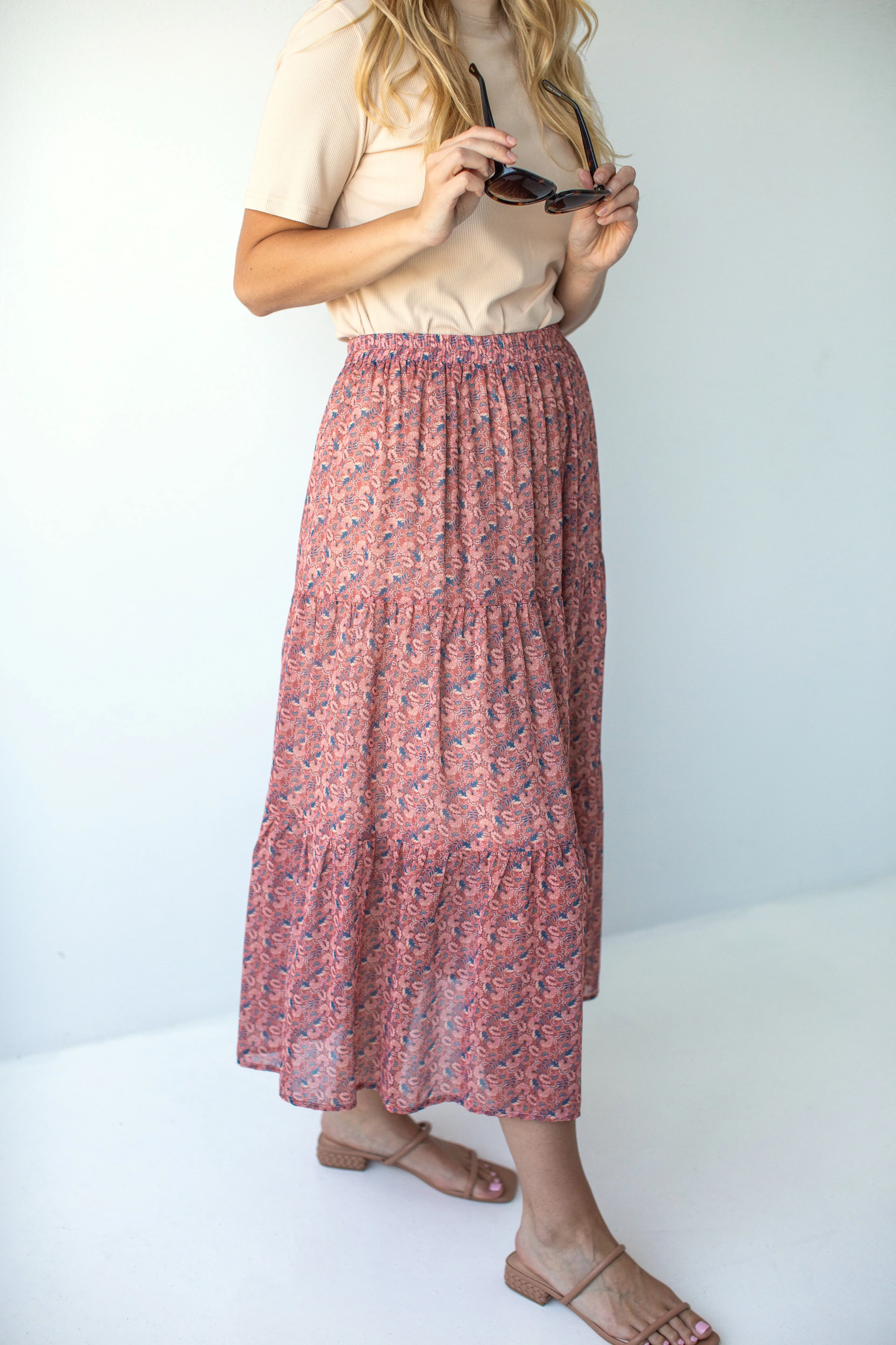 'Jacinta' Printed Chiffon Midi Skirt in Desert Rose