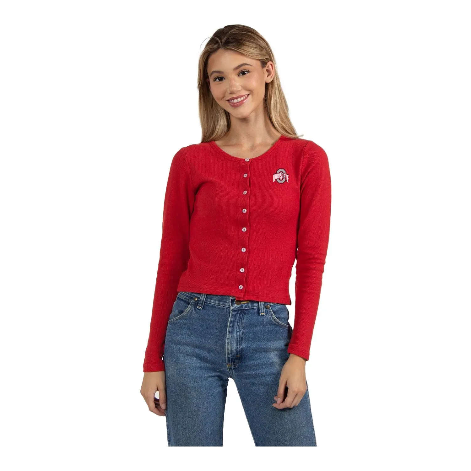 Ladies Ohio State Buckeyes Primary Logo Button Down Cardigan