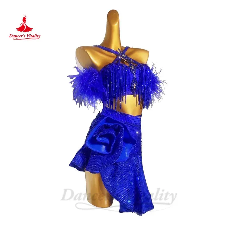 Latin Dance Competition Dresses Customized Elegant Senior Rhinestone Split Tassel Dress Women Chacha Samba Performance Costumes