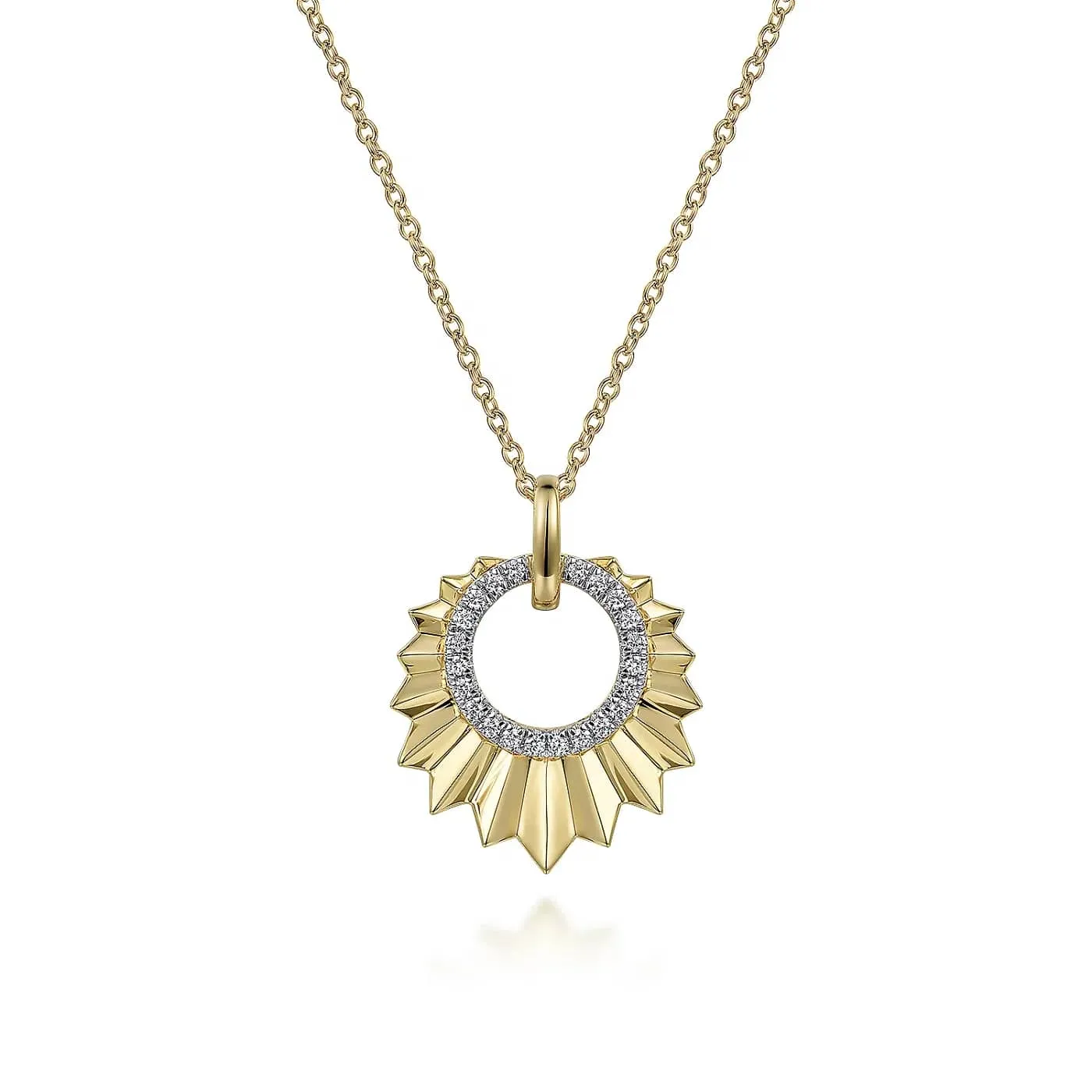 Leaf Shaped Diamond Circle Pendant Necklace in Yellow Gold, 0.11 cttw