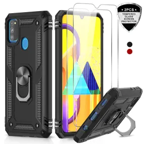 LeYi for Samsung Galaxy M30 Case with Tempered Glass Screen Protector(2 Pack),Magnetic Ring Holder [Military Grade] Protective Silicone Shockproof