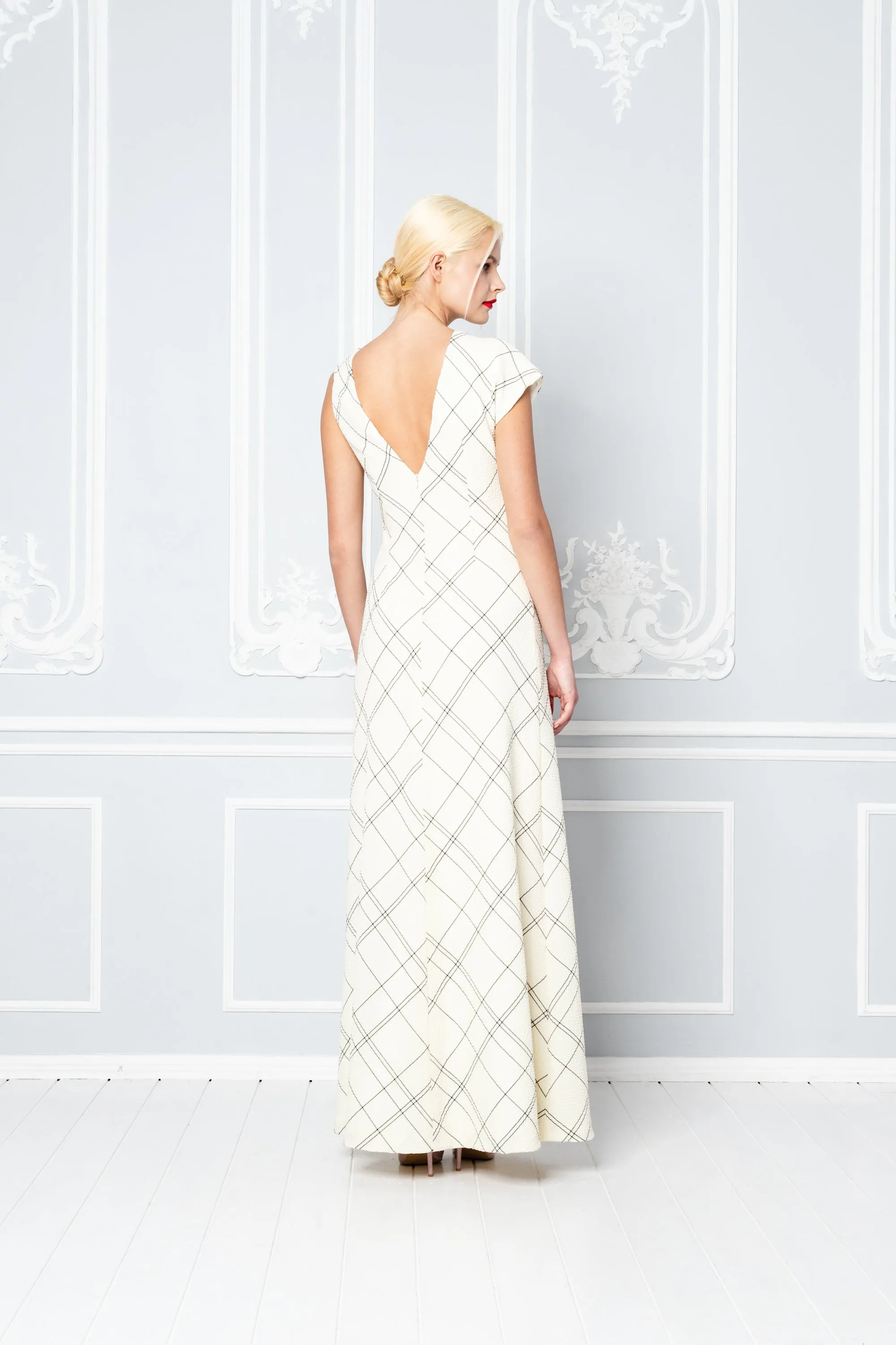 LIATRIS IVORY PLAID WOOL SEERSUCKER A-SYMMETRIC MAXI DRESS