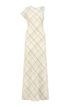 LIATRIS IVORY PLAID WOOL SEERSUCKER A-SYMMETRIC MAXI DRESS