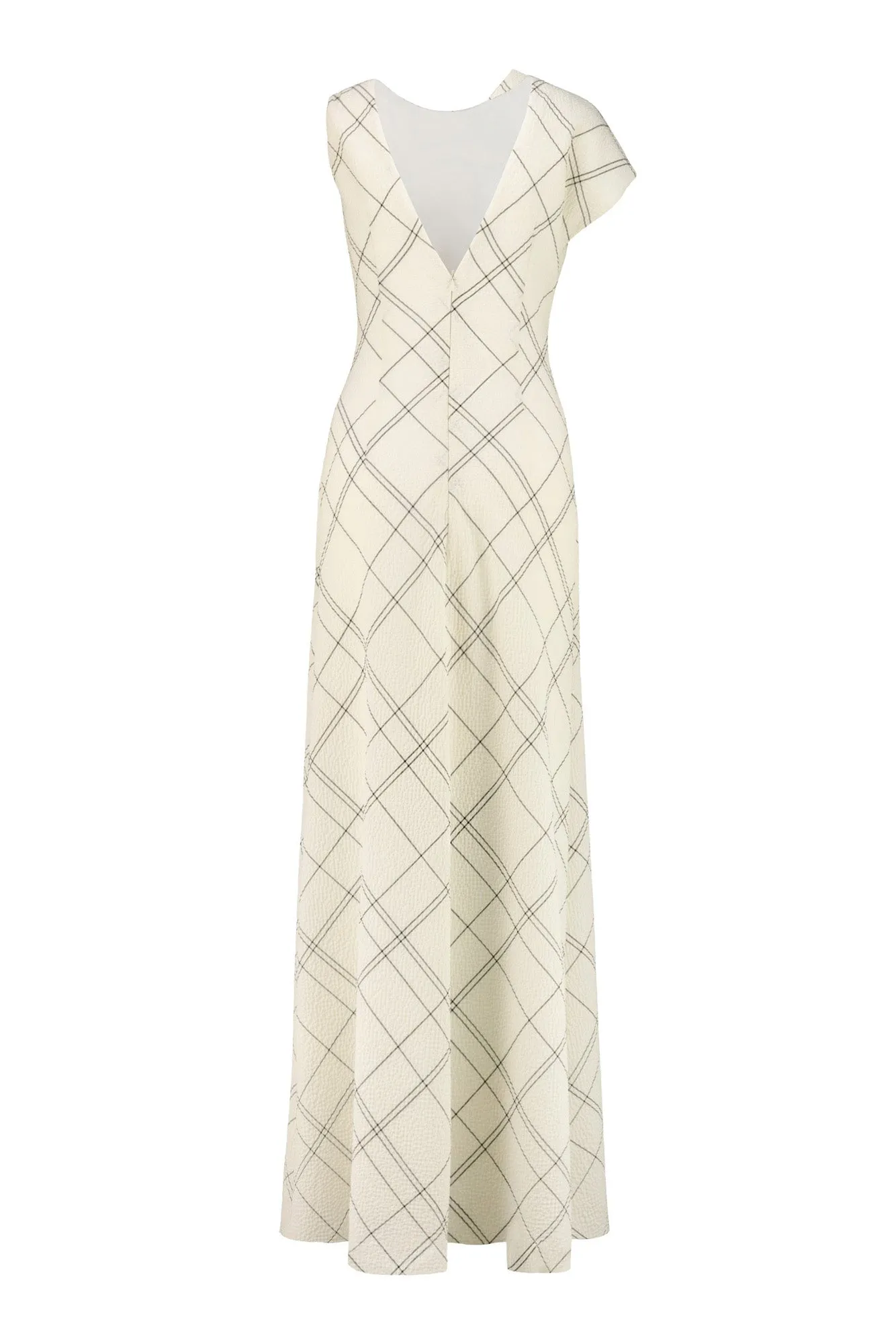 LIATRIS IVORY PLAID WOOL SEERSUCKER A-SYMMETRIC MAXI DRESS