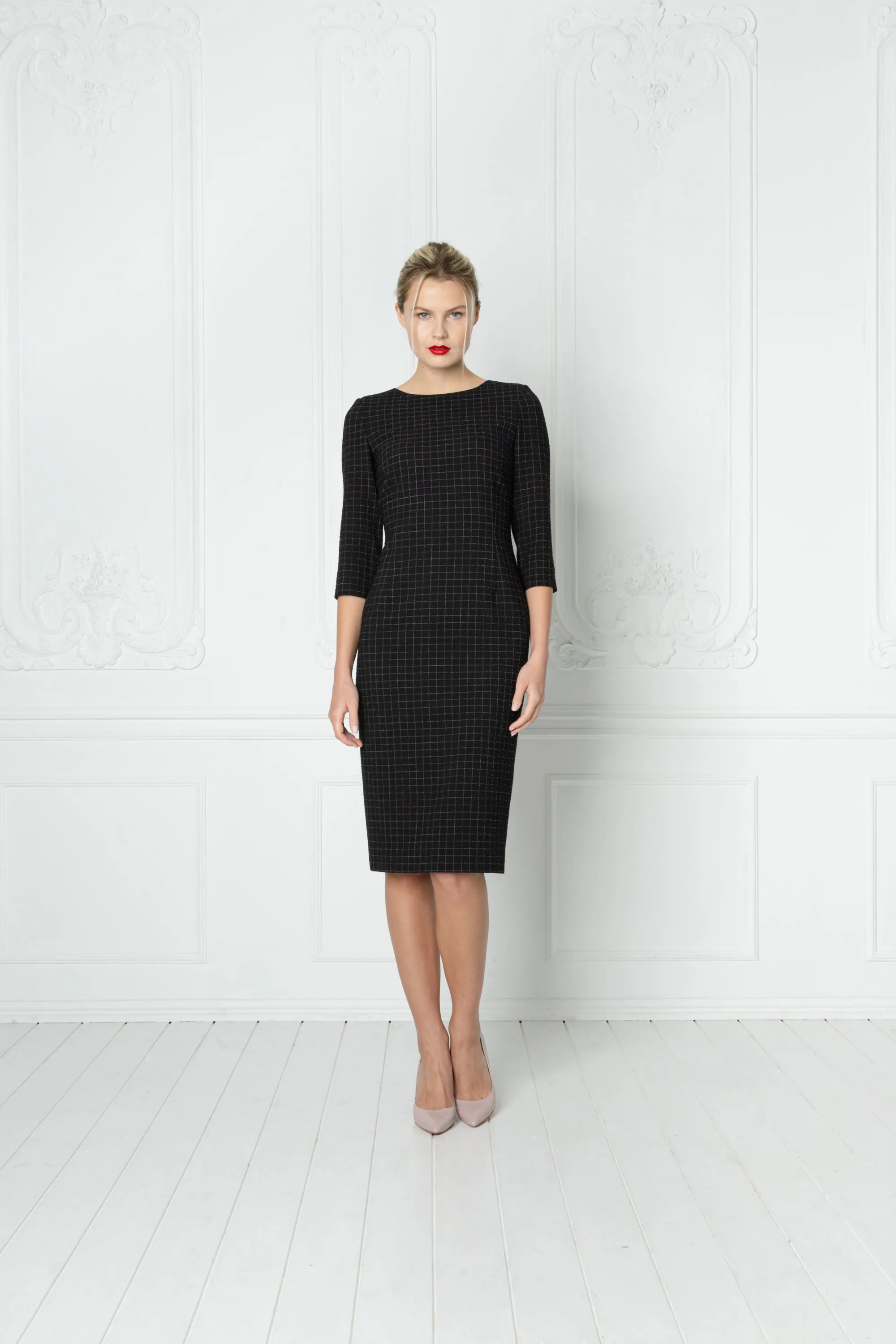 LICARIA PLAID PENCIL DRESS WITH CRYSTAL BUTTONS