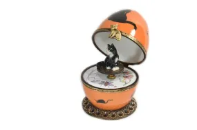 Limoges Porcelain Orange Musical Egg decorated with Black Cat by Fanex