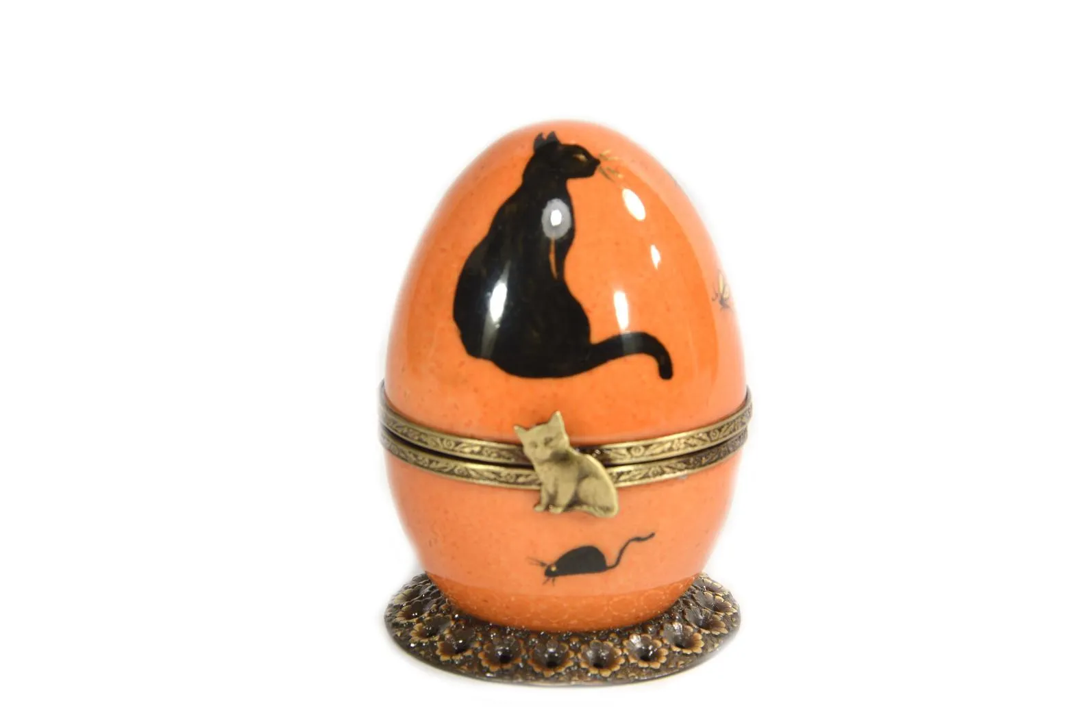 Limoges Porcelain Orange Musical Egg decorated with Black Cat by Fanex