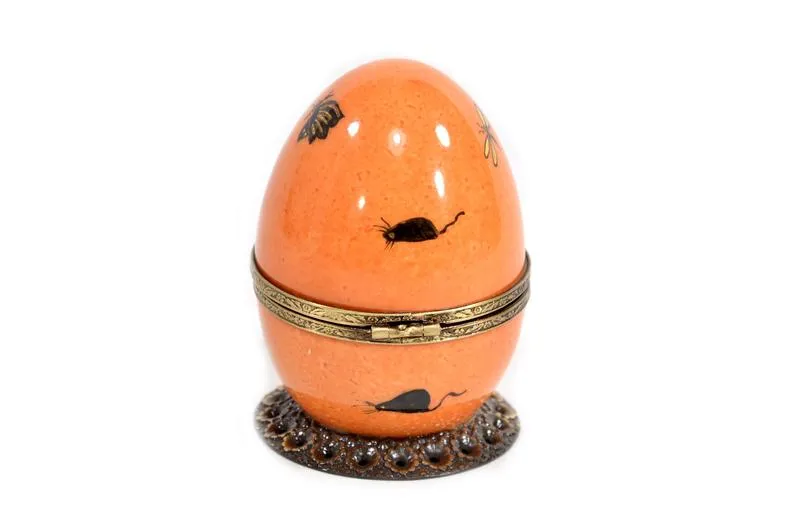 Limoges Porcelain Orange Musical Egg decorated with Black Cat by Fanex