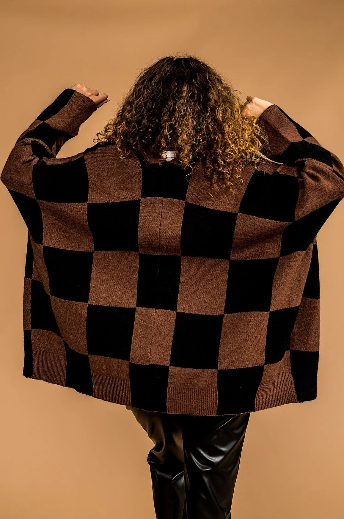 Love You Oversized Checkerboard Cardigan in Mocha   Black