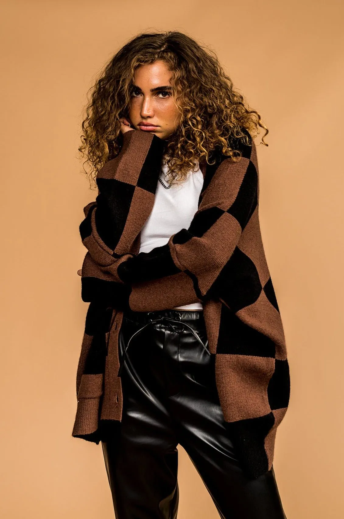 Love You Oversized Checkerboard Cardigan in Mocha   Black