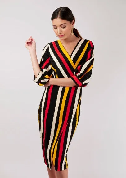 Marie Black Multi Stripe Wrap Style Dress