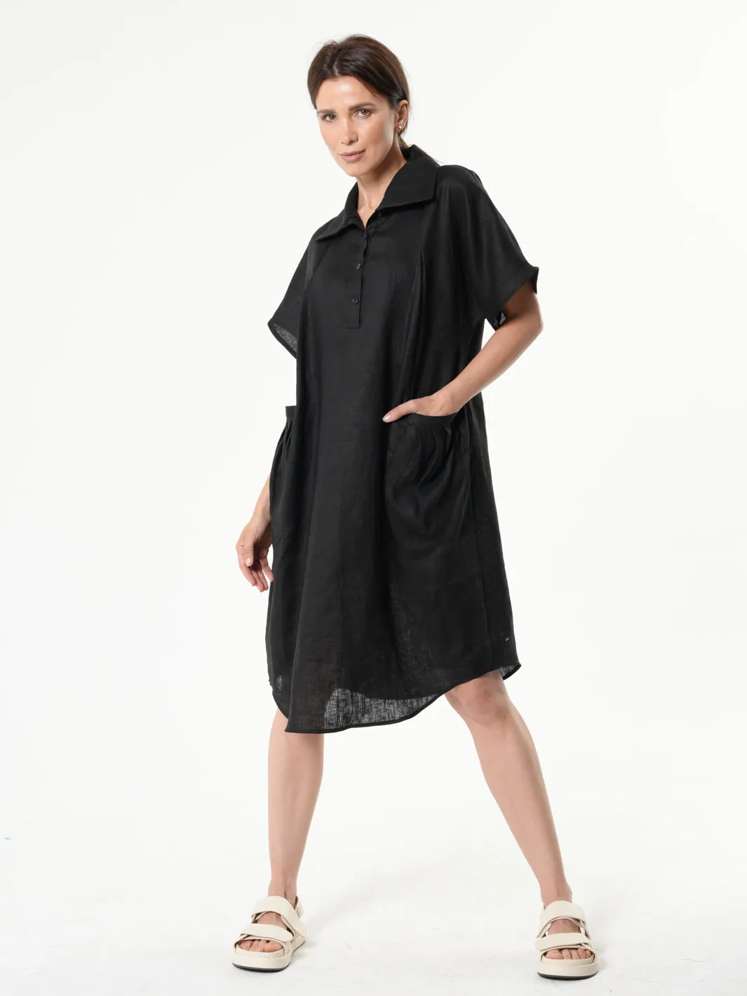 Midi Linen Dress With Side Pockets In Black