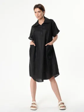 Midi Linen Dress With Side Pockets In Black